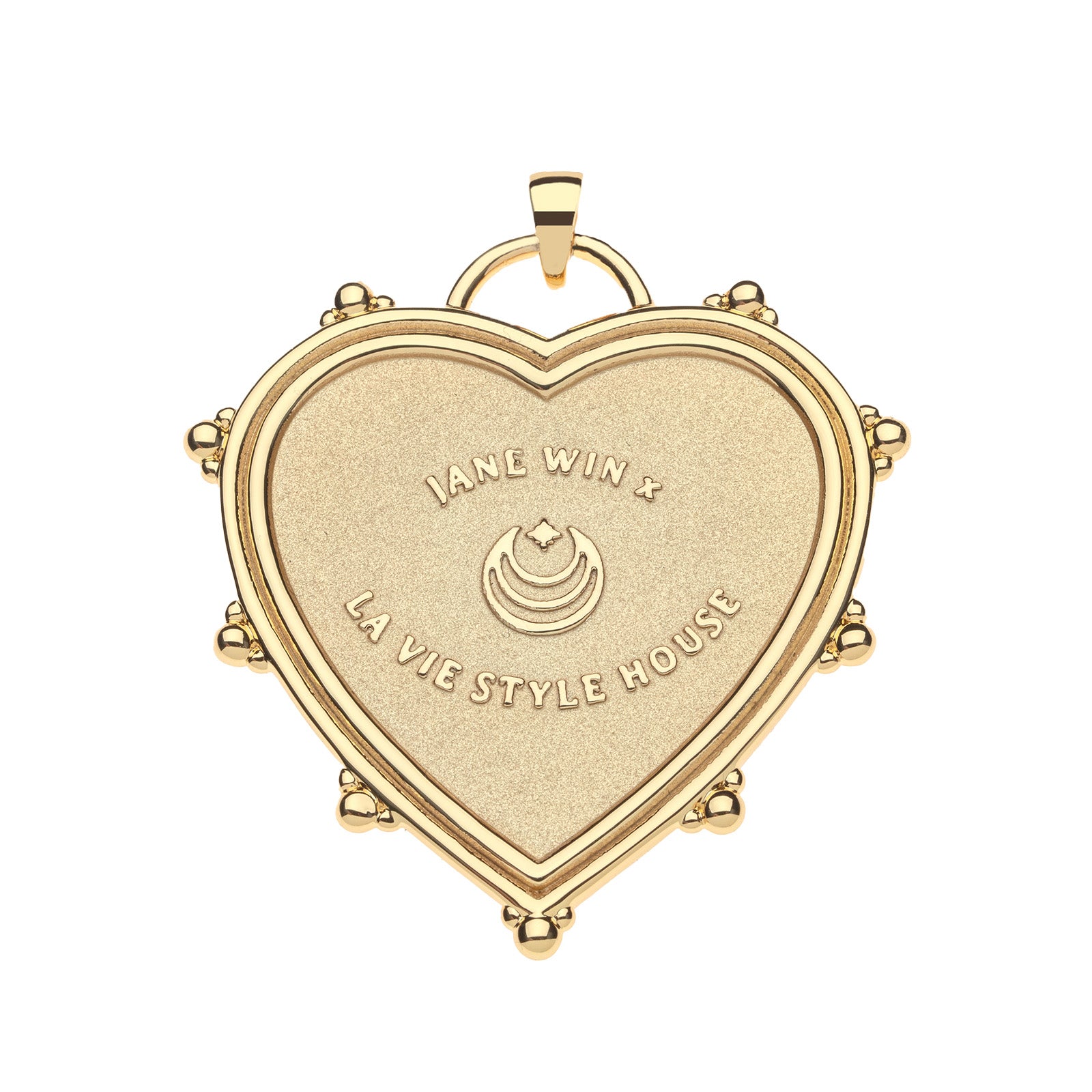 Back of gold heart pendant features moon and star logo as well as JANE WIN X LA VIE STYLE HOUSE