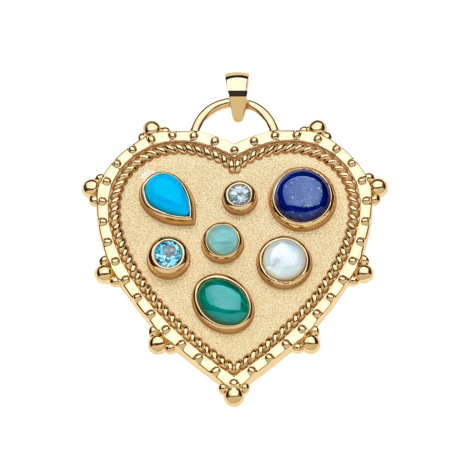 Gold heart pendant featuring selection of semi precious stones in different shapes.