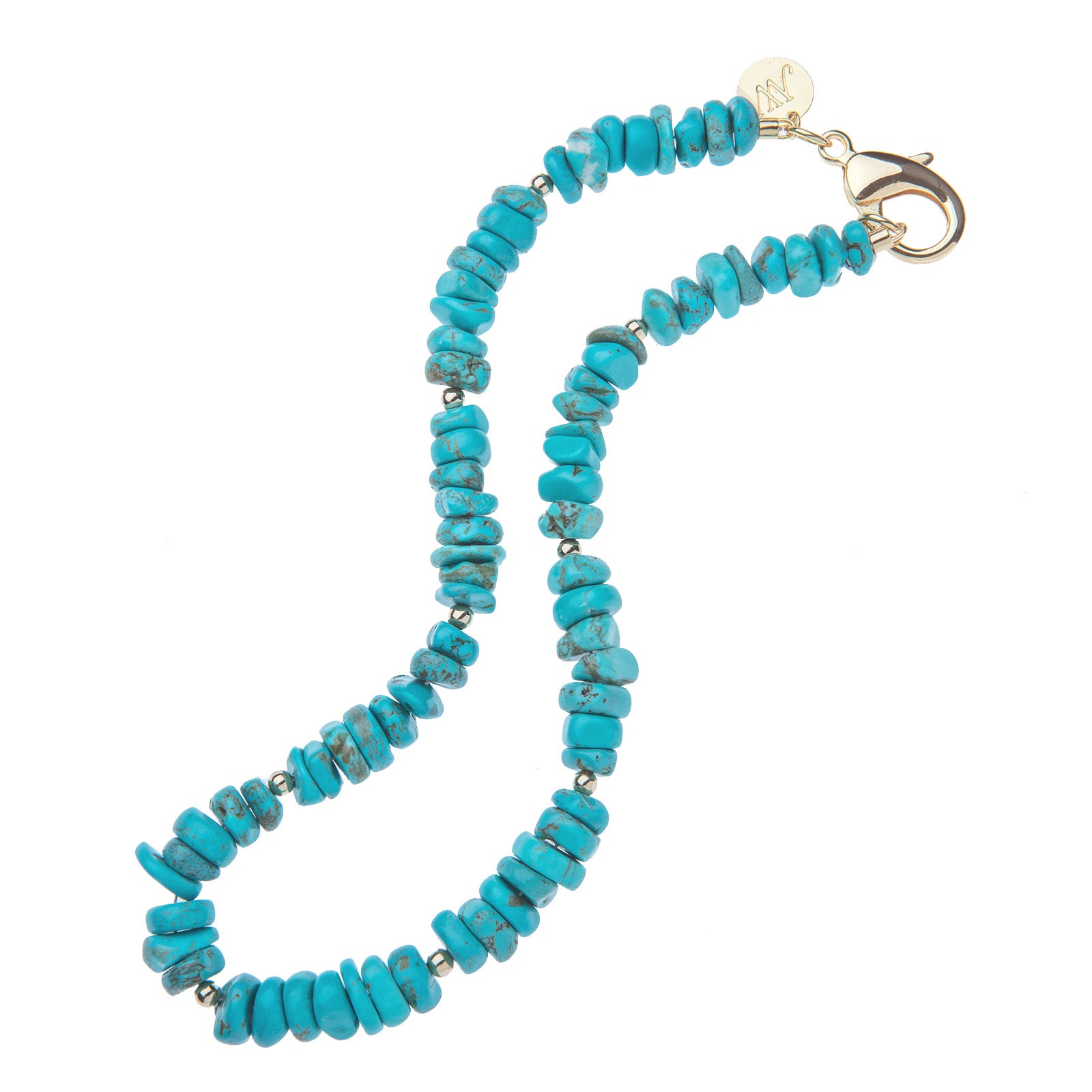Beaded turquoise necklace with gold bead  accents and oversized gold clasp