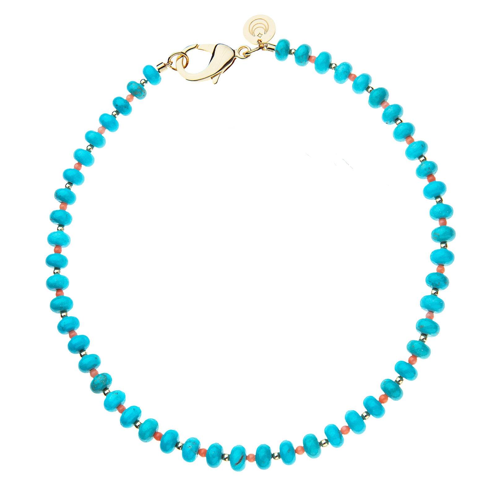 Beaded necklace features turquoise beads with smaller alternating coral and gold beads between them. Necklace has oversized gold lobster clasp