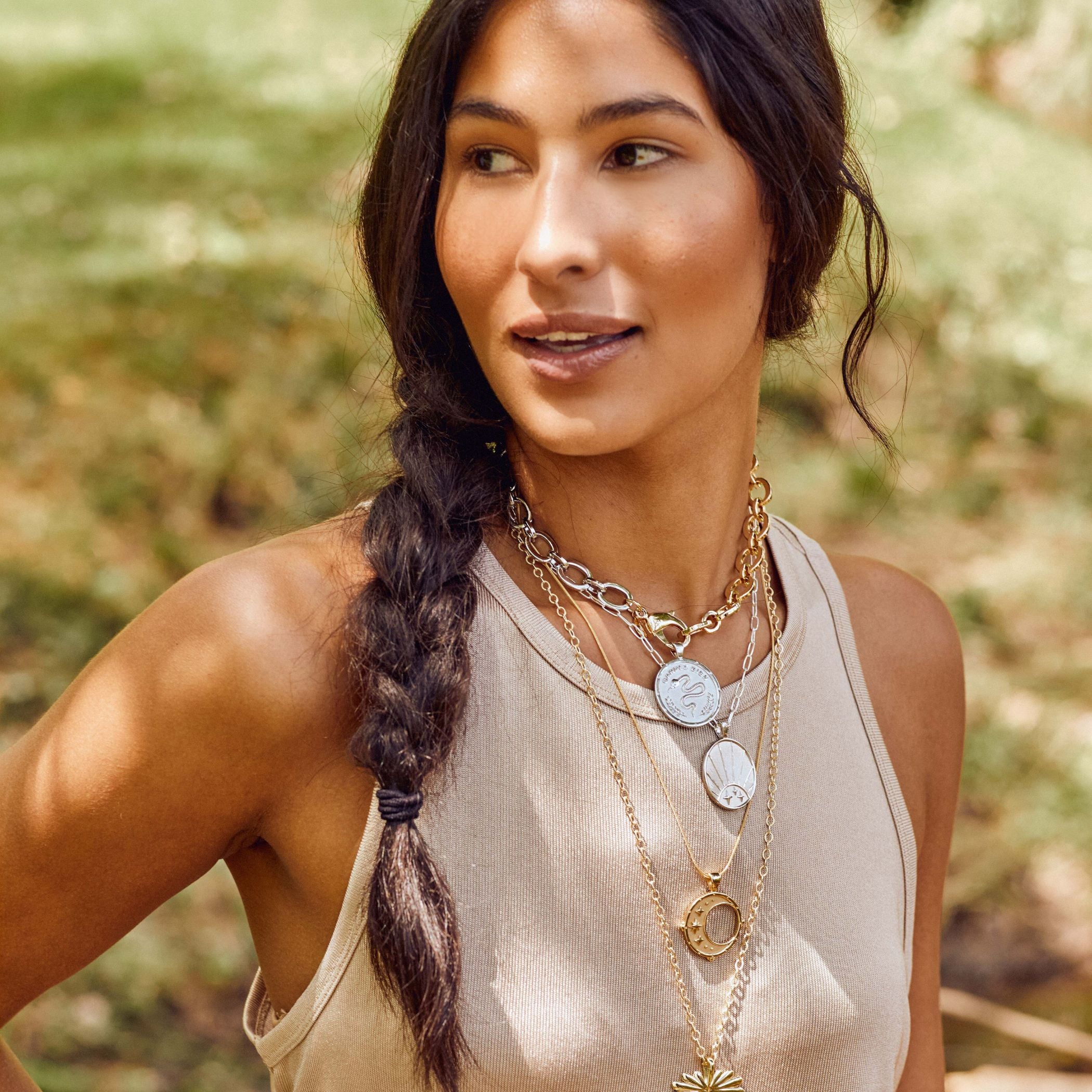 Pendant Coin Necklace with Symbol and Inspired Word - PROTECT