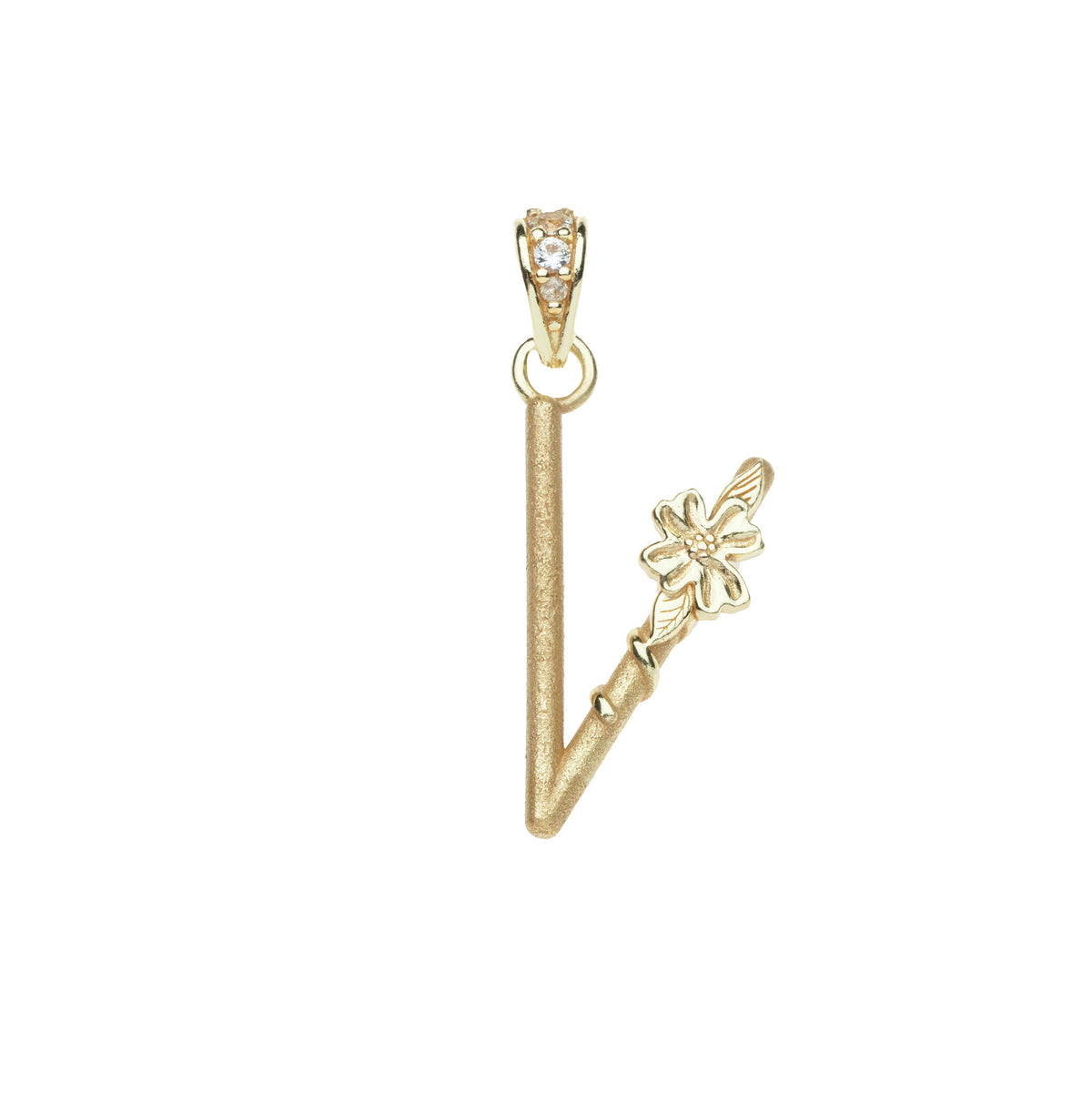 Gold letter V pendant with flower detail and white topaz accents on the bail