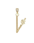 Gold letter V pendant with flower detail and white topaz accents on the bail