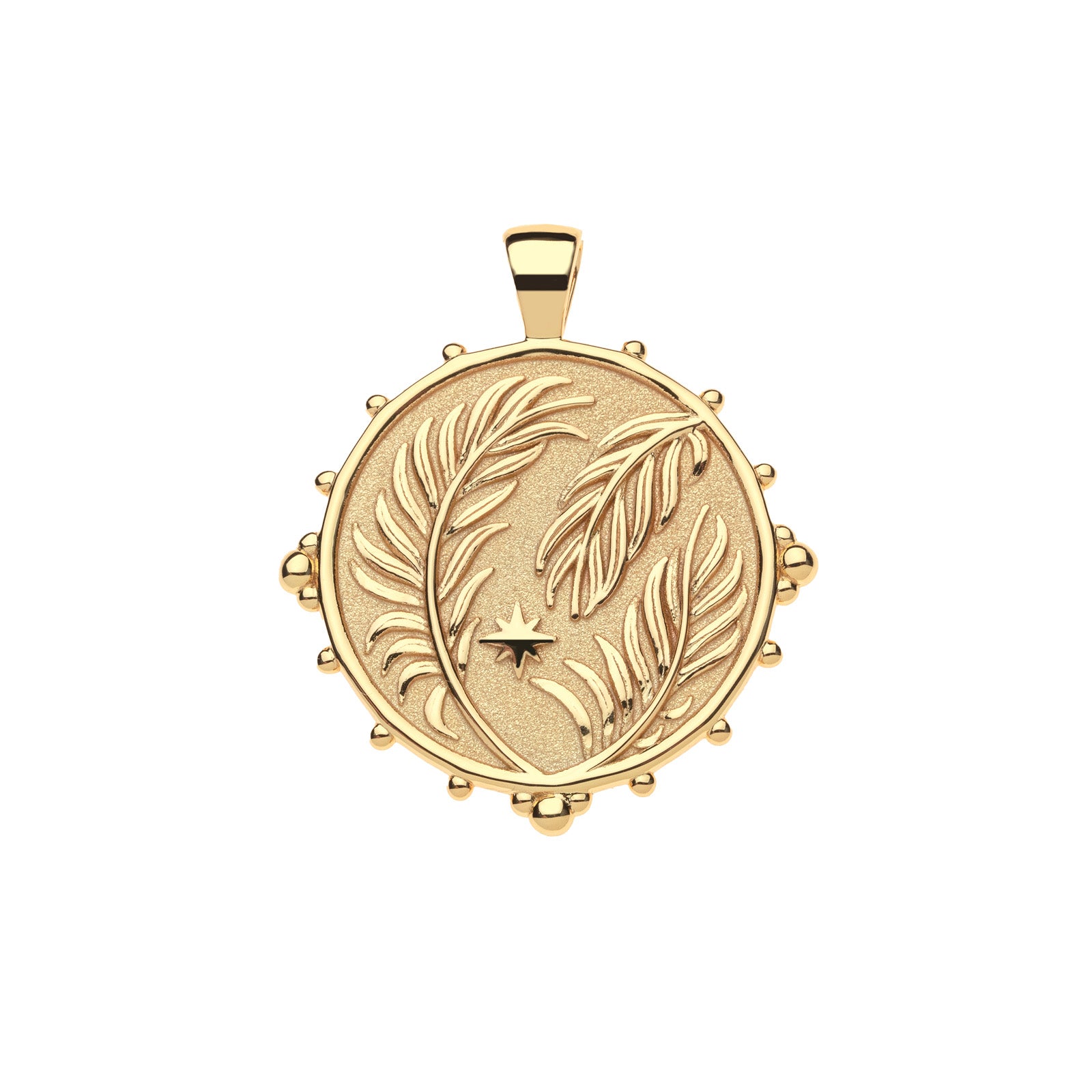 Gold coin pendant featuring 3 palm leaves and an 8 point star