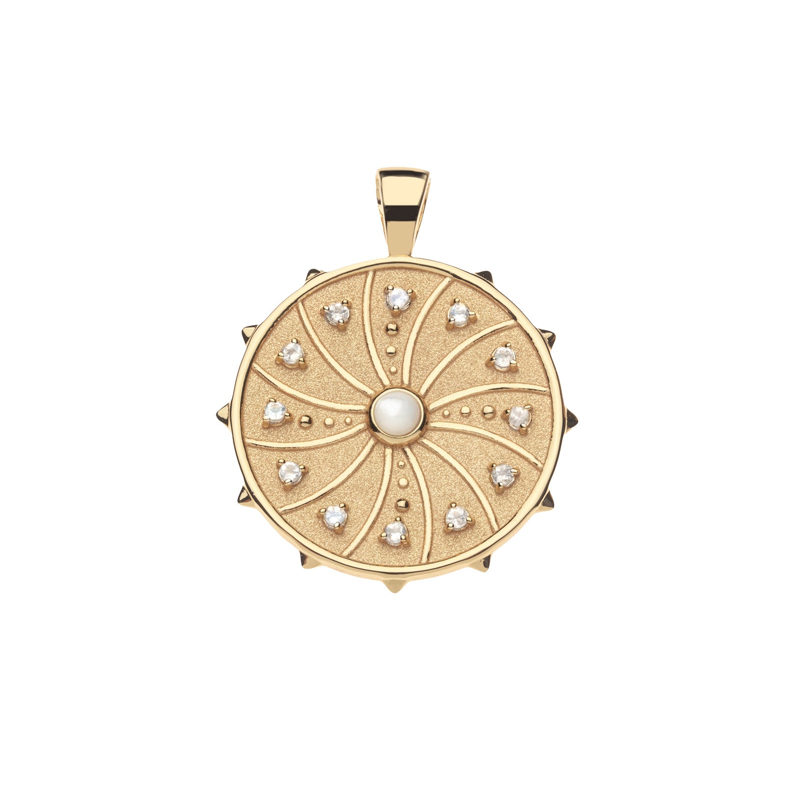 Gold coin pendant featuring mother of pearl center stone and details radiating out to rainbow moonstones along the edge