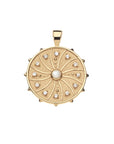 Gold coin pendant featuring mother of pearl center stone and details radiating out to rainbow moonstones along the edge