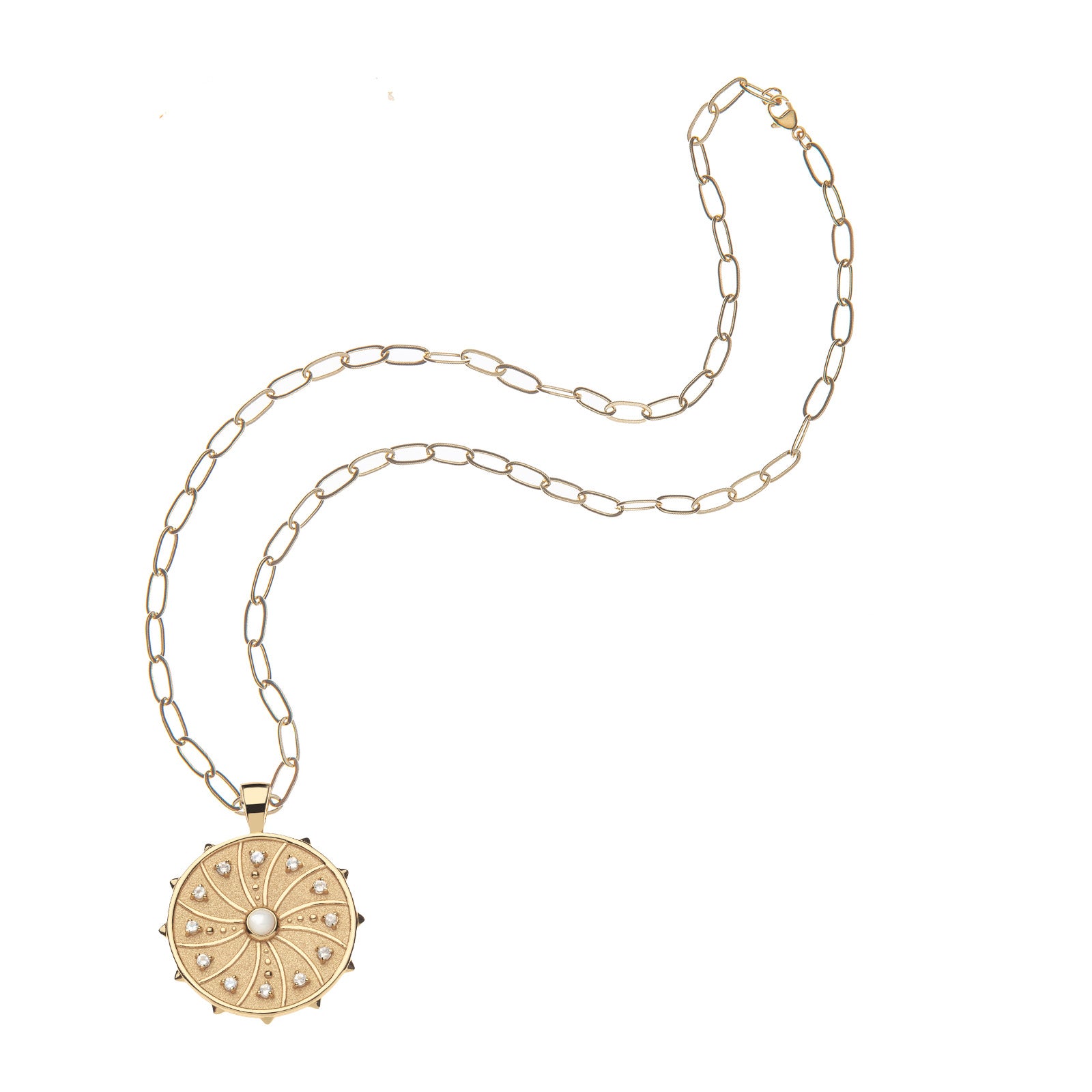 Gold wanderlust coin pendant on drawn link chain