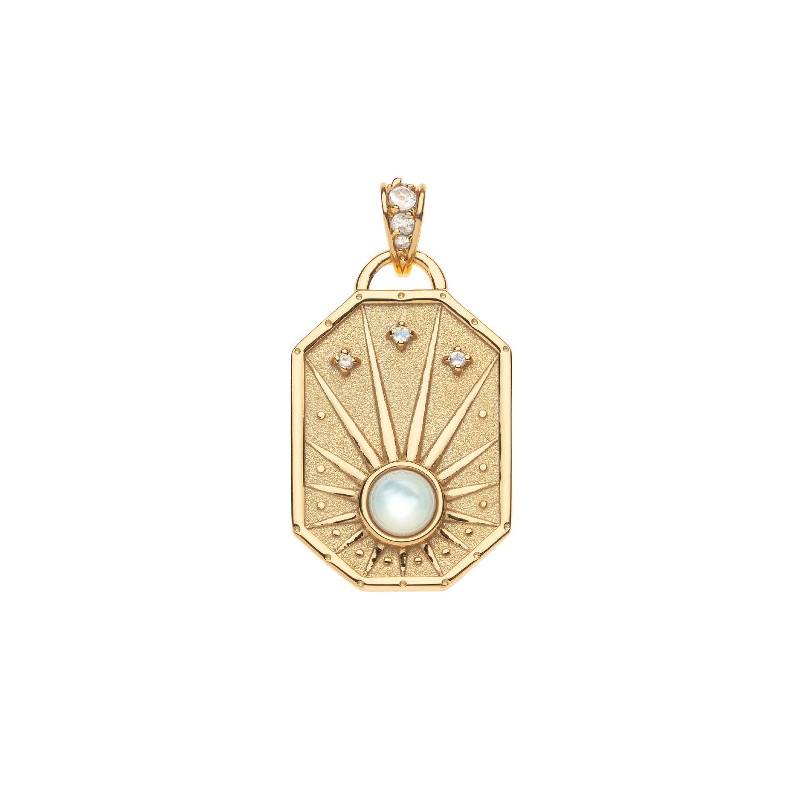 Gold dog tag pendant features sun design with mother of pearl cabochon as well as white topaz star details