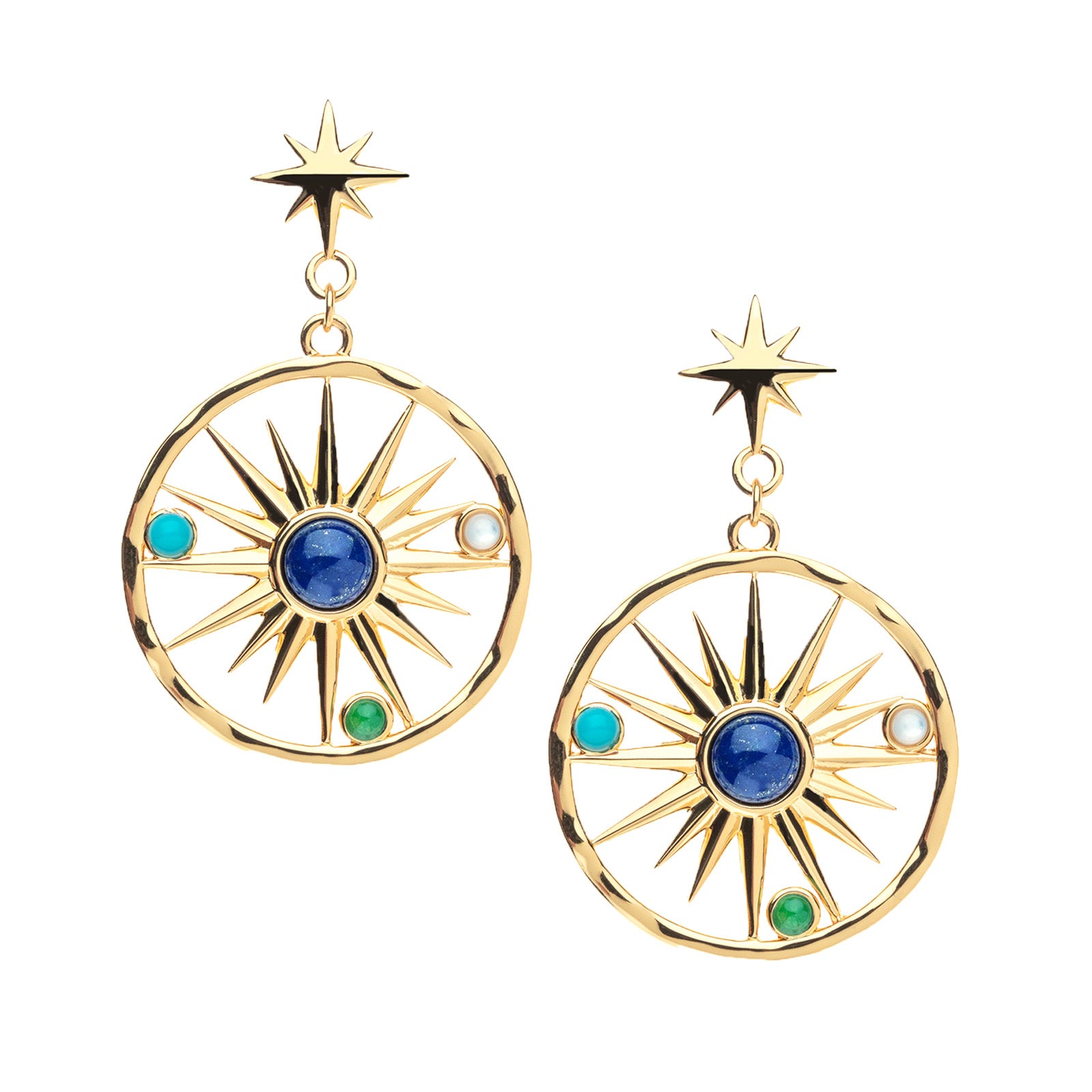 Gold drop earrings feature 8 point star stud with sun cutout drop. Sun design features lapis cabochon at the center and accents of turquoise, mother of pearl, and green tourmaline