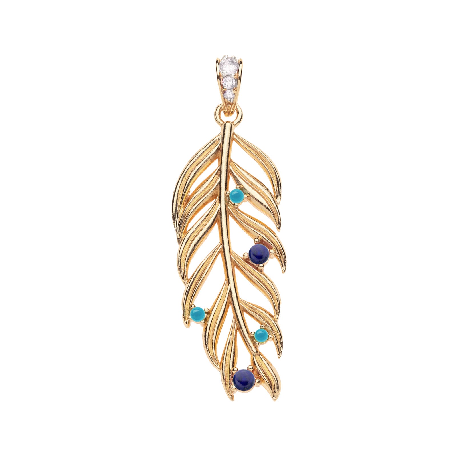 Gold palm leaf pendant featuring lapis and turquoise cabochons, as well as white topaz on the bail