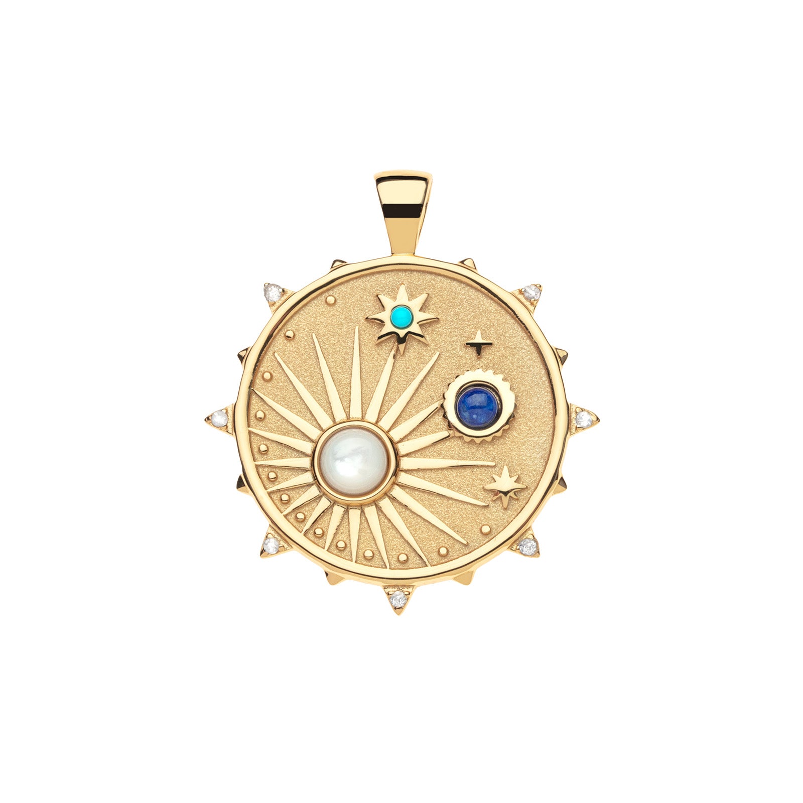 Gold coin pendant features celestial design of sun and stars with accents of mother of pearl, turquoise, lapis, and moonstone