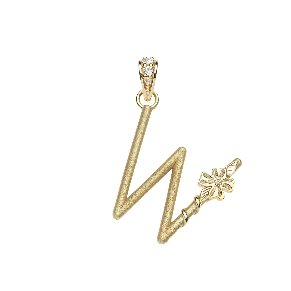 Gold letter W pendant with flower detail and white topaz accents on the bail