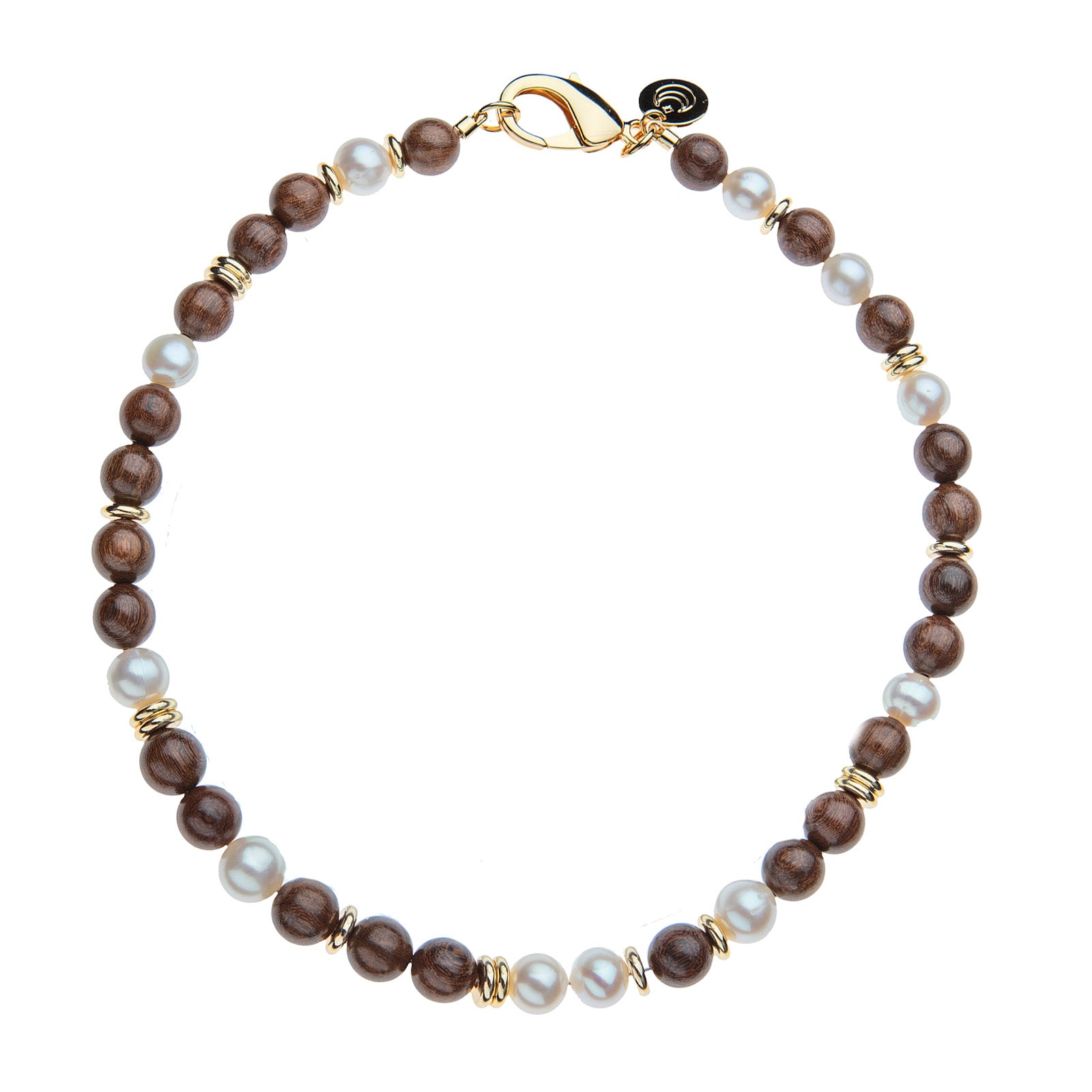 Beaded necklace featuring round wood and pearl beads with flat gold peads interspersed. Necklace features oversized gold lobster clasp