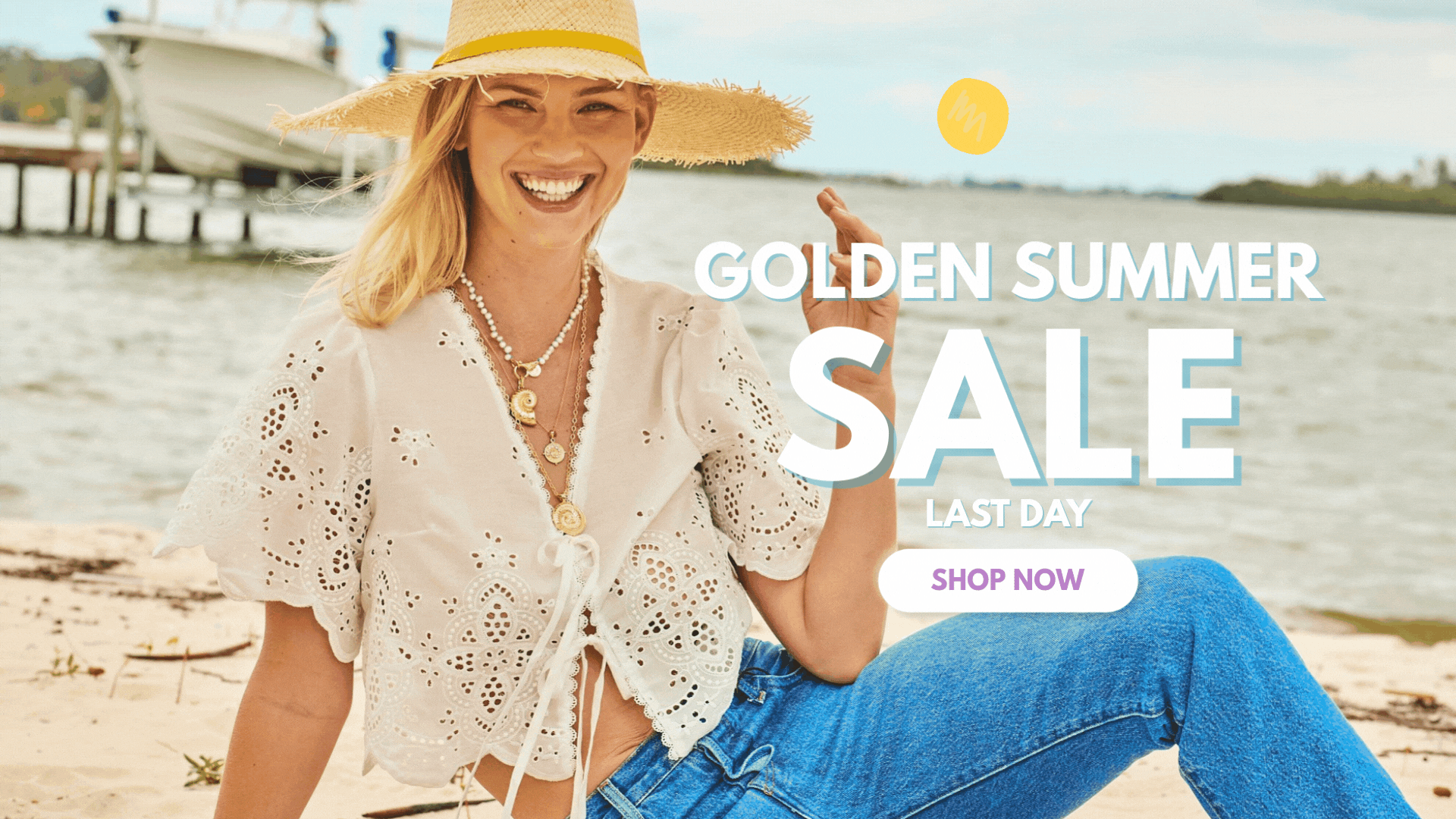 Image of Jane Win Model wearing jewelry with words saying Golden Summer Sale and Shop Now button
