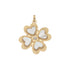Gold 4 leaf clover pendant with heart shaped mother of pearl shell detail in each leaf and white topaz center stone