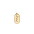 Front of gold engravable love tag pendant features the word " love" in a script font