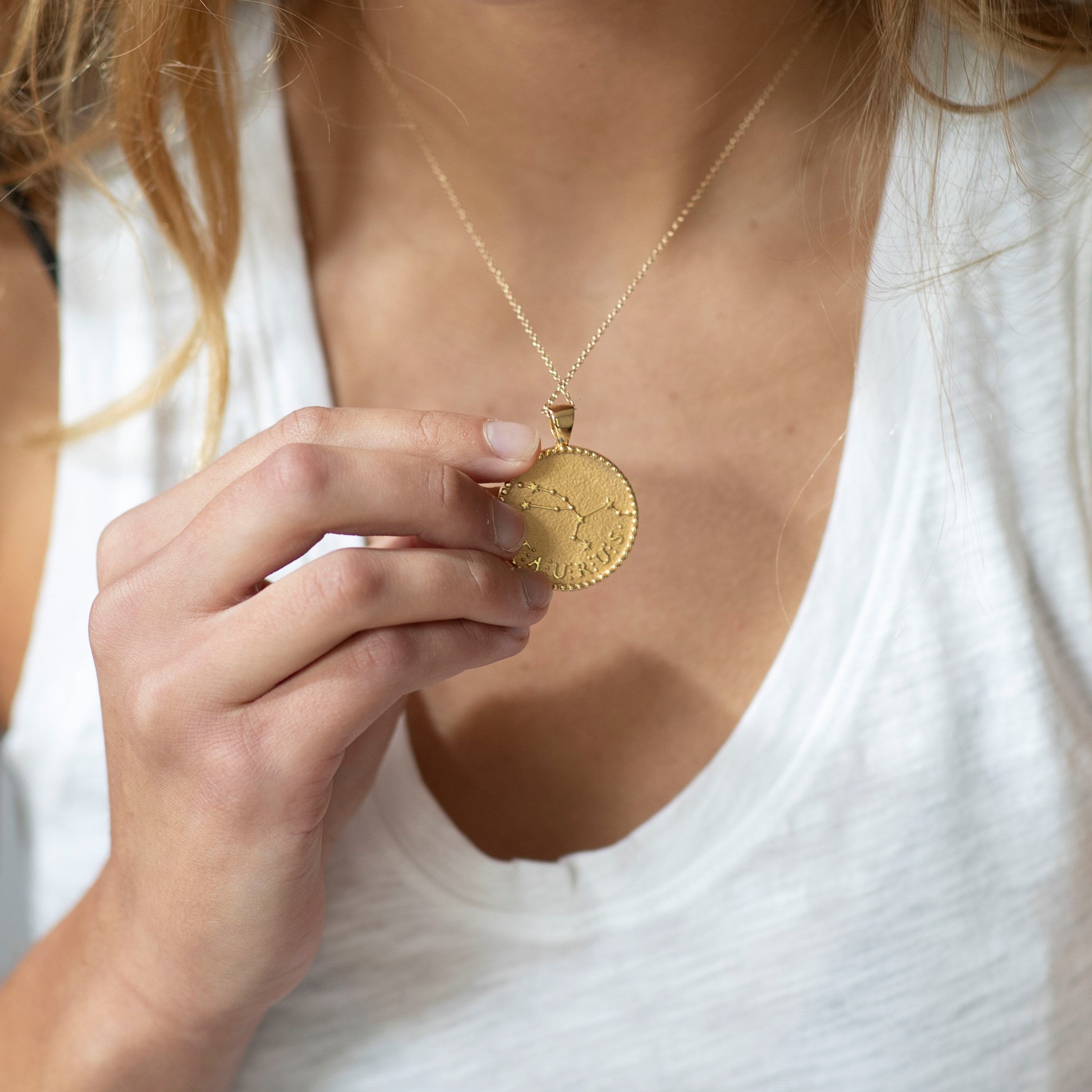 Zodiac Gold Pendant Coin Necklace with Astrology Symbol and Inspired Word TAURUS Jane Win Jewelry