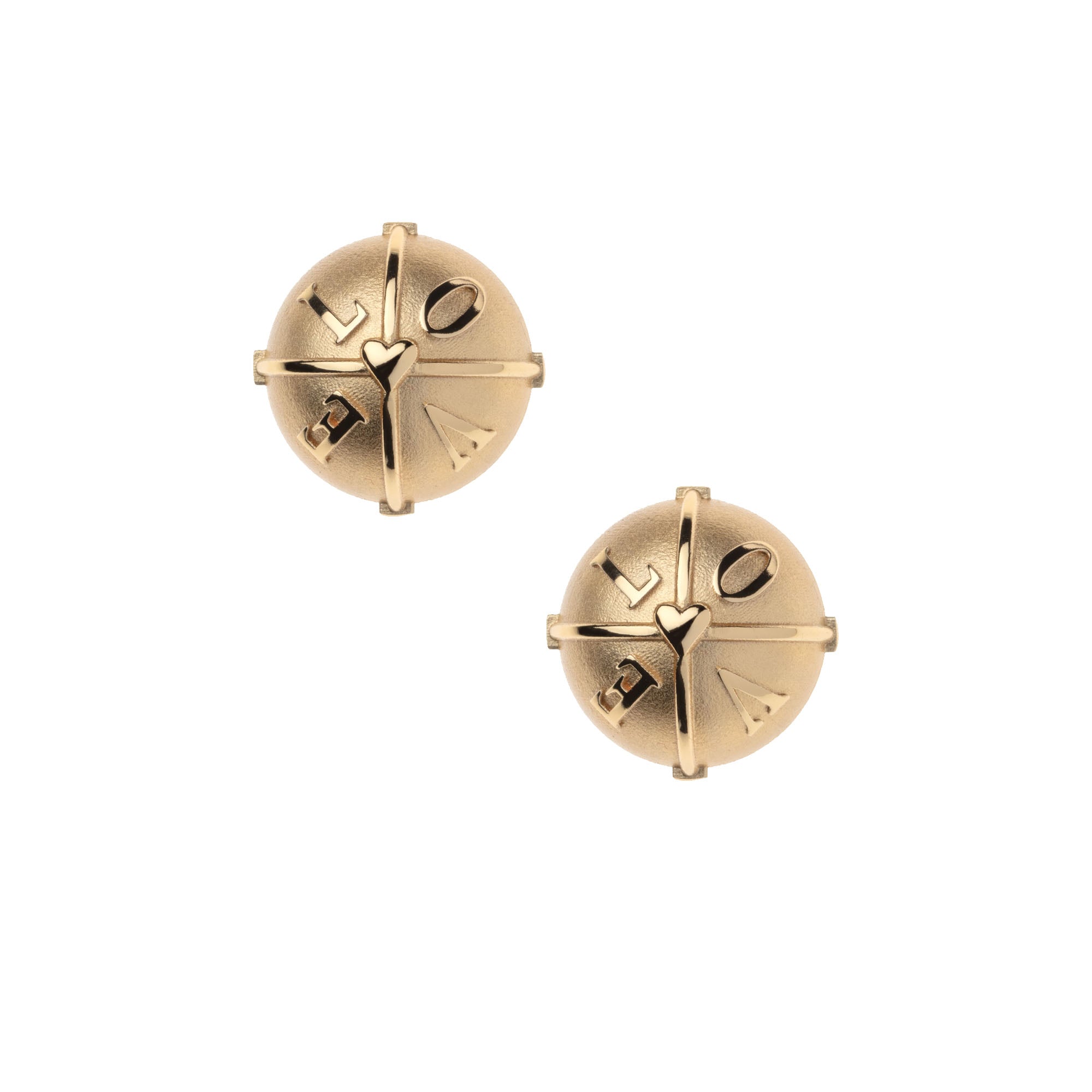 Round gold stud earrings feature a tiny heart in the center and the word LOVE around it