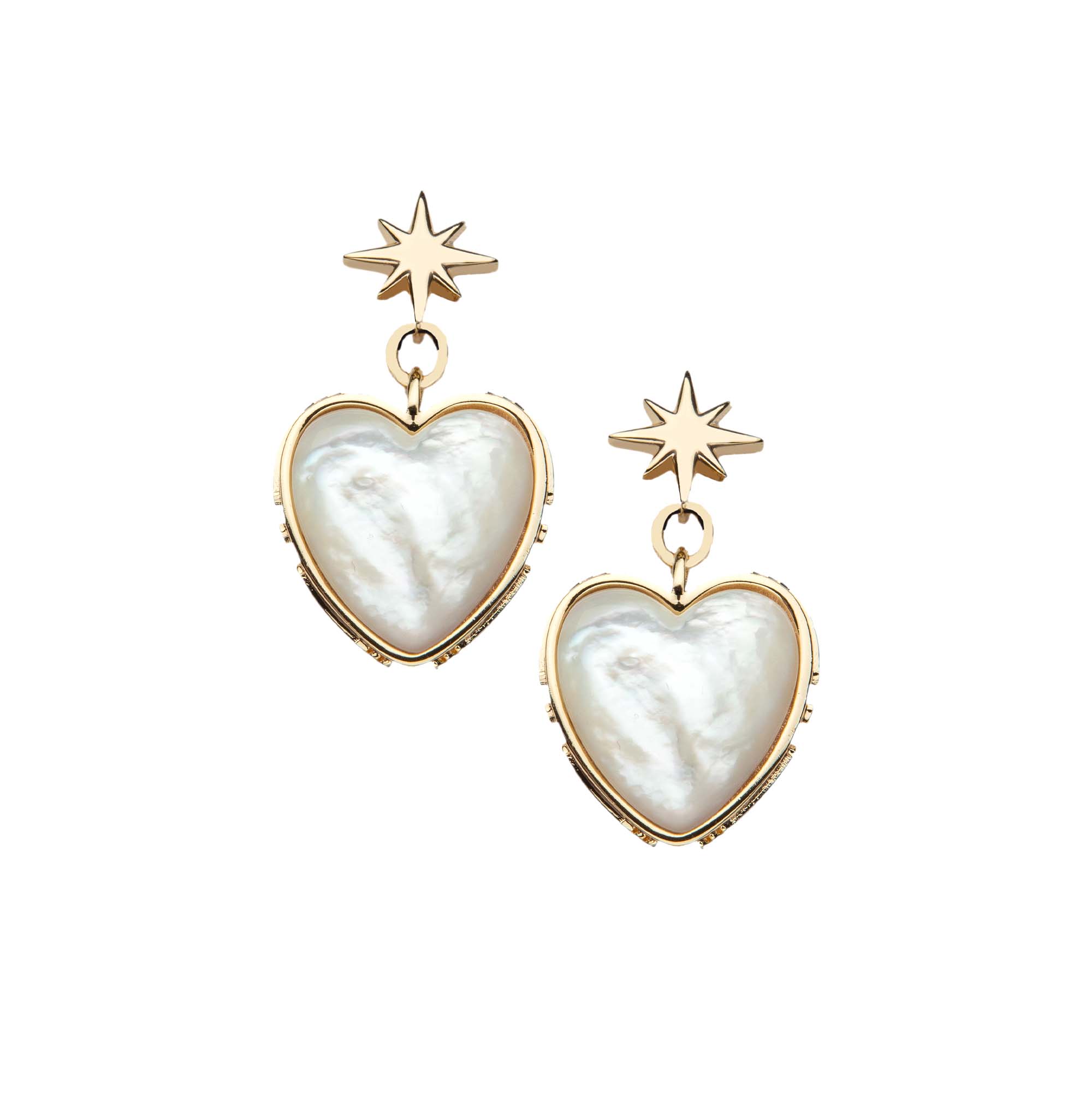 Drop earrings with gold 8 point star stud and mother of pearl heart drop with gold border