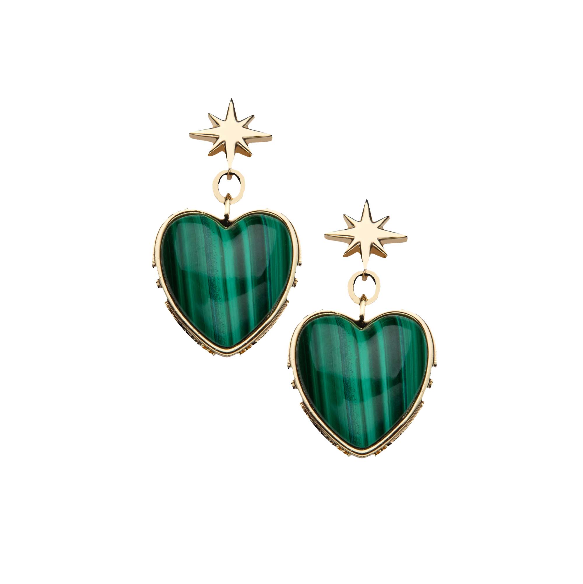Drop earrings with gold 8 point star studs and malachite heart drop with gold border