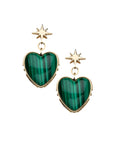 Drop earrings with gold 8 point star studs and malachite heart drop with gold border