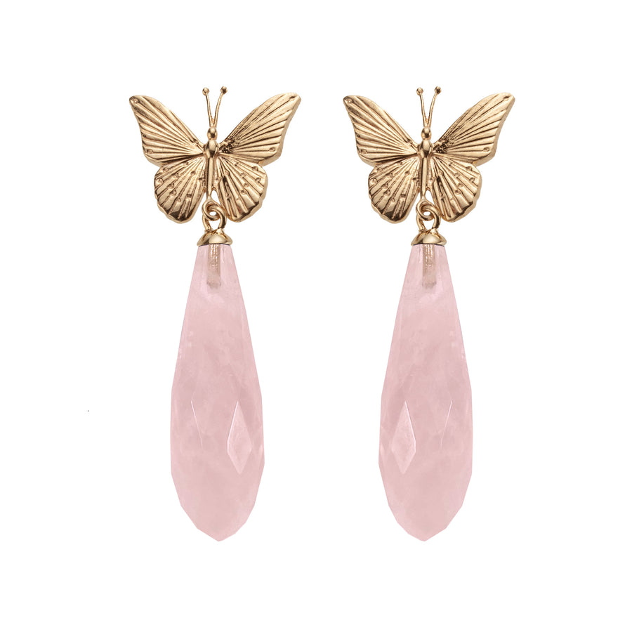 FREEDOM Butterfly Drop Earrings: Rose Quartz and 10k Gold