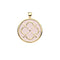 Gold Coin Pendant with Quatrefoil and heart illustration filled in with pale pink enamel